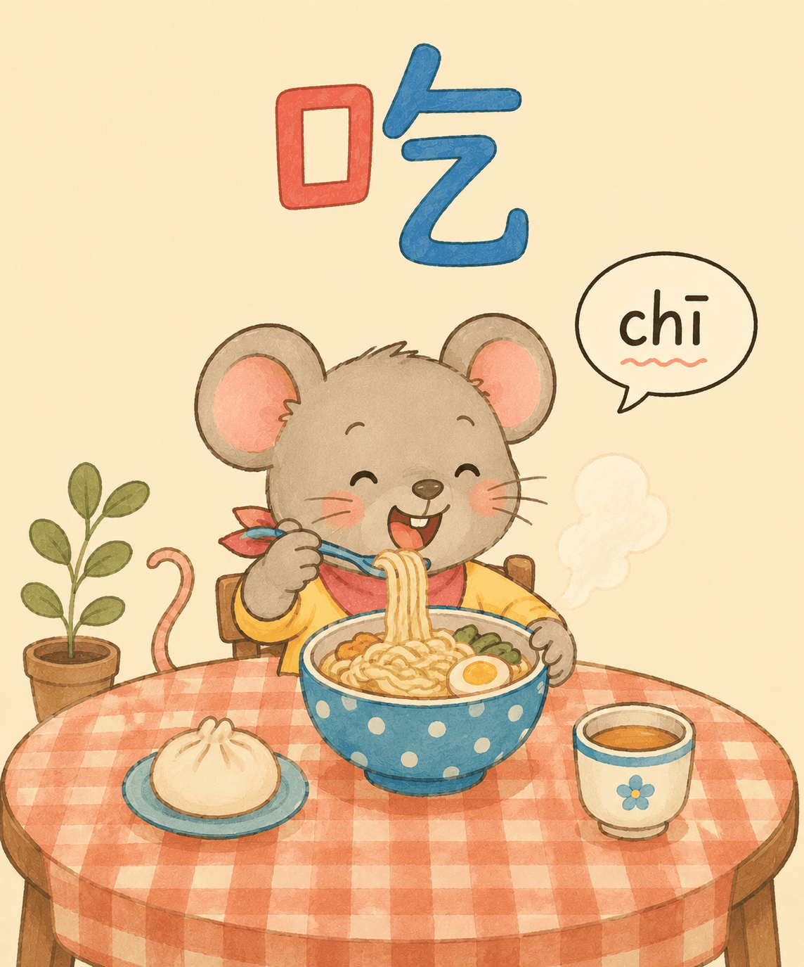 Illustrated Chinese word card for 吃, chī