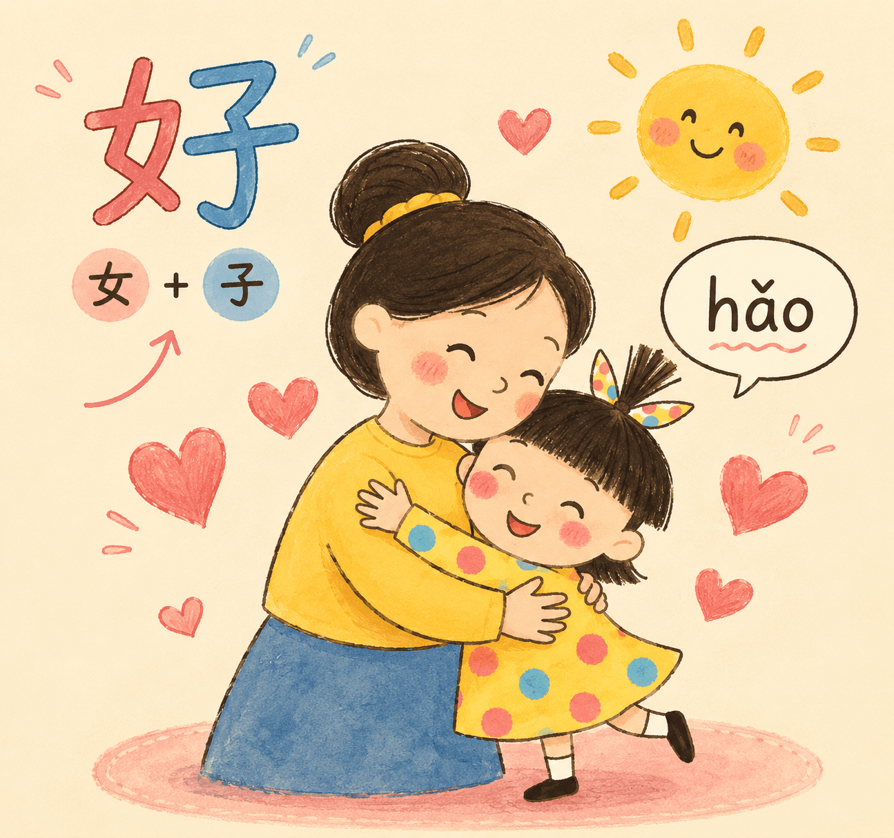 Illustrated Chinese word card for 好, hǎo