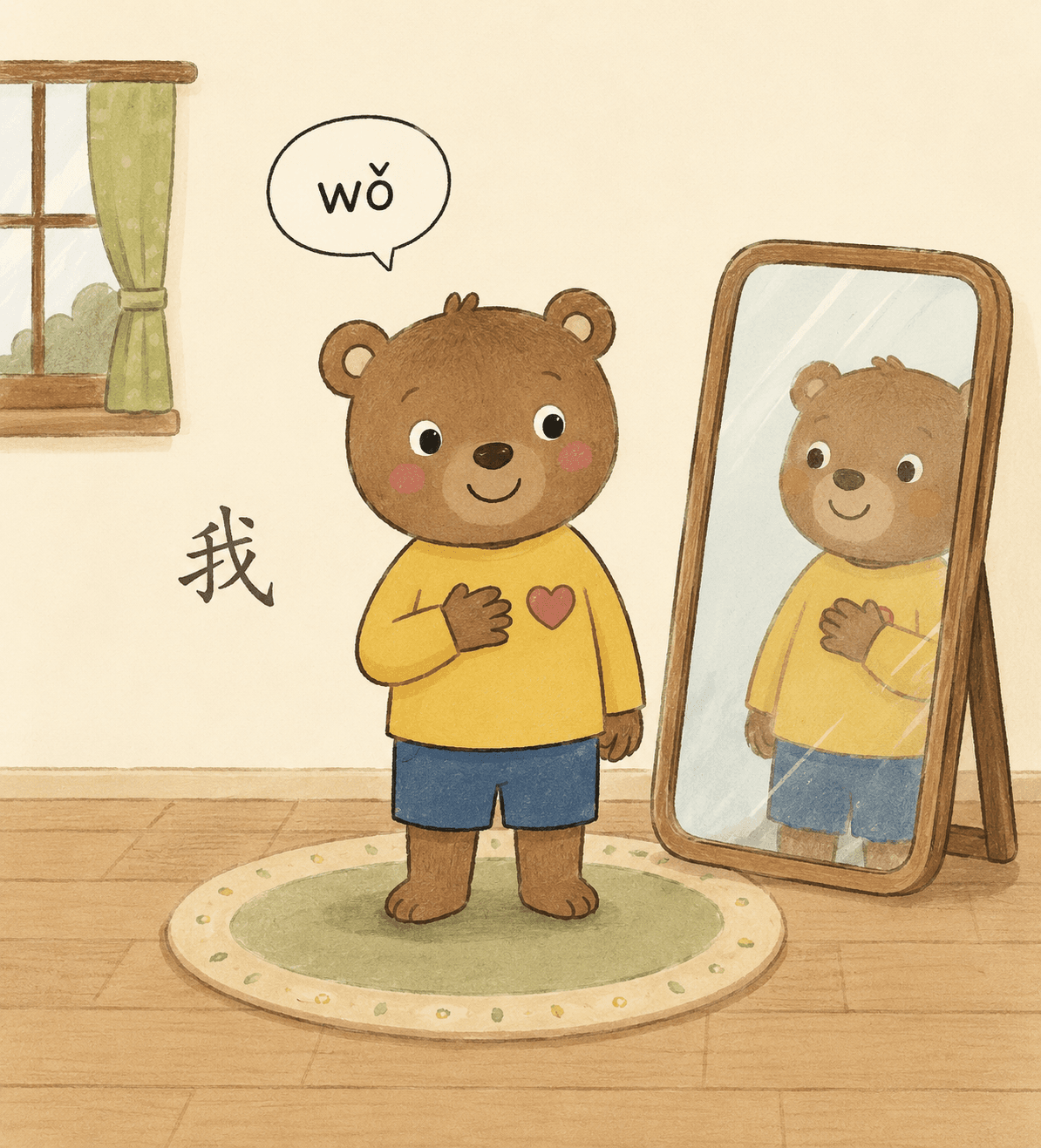 Illustrated PandaTalk word card for 我, wǒ